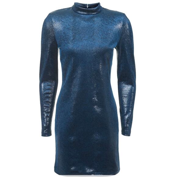 TopShop Teal Mock Neck Wet Look Velvet Long Sleeve Dress - 2 - Picture 3 of 8